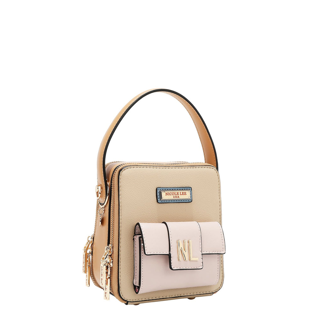 BANDOLERA CON BOLSILLO Y BLOQUES DE COLOR (TAUPE)