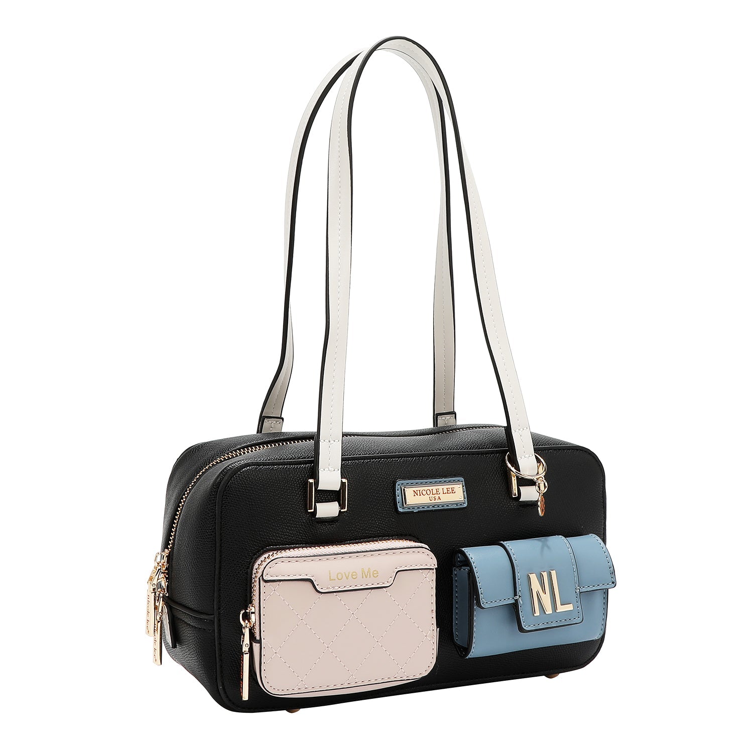 BOLSO DE HOMBRO CON BOLSILLO Y BLOQUES DE COLOR (NEGRO)